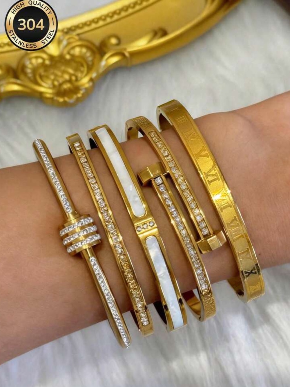 Gold Stainless Steel love Bracelet Set Crystal bangles stack 5pc bangle Roman - Picture 1 of 6